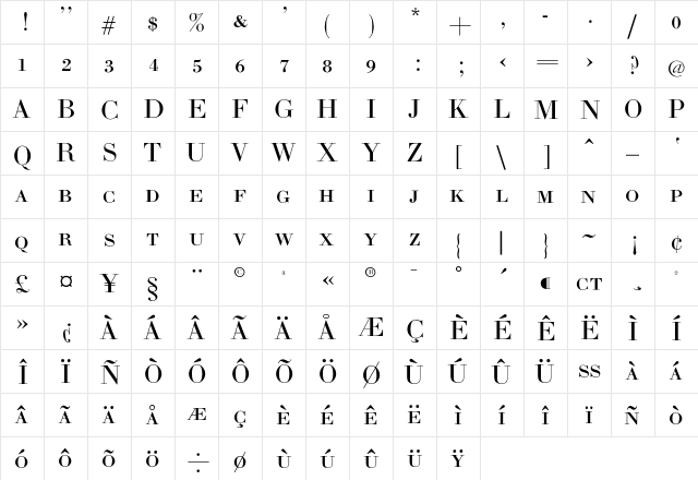 BodoniZL-SC Regular  glyph index