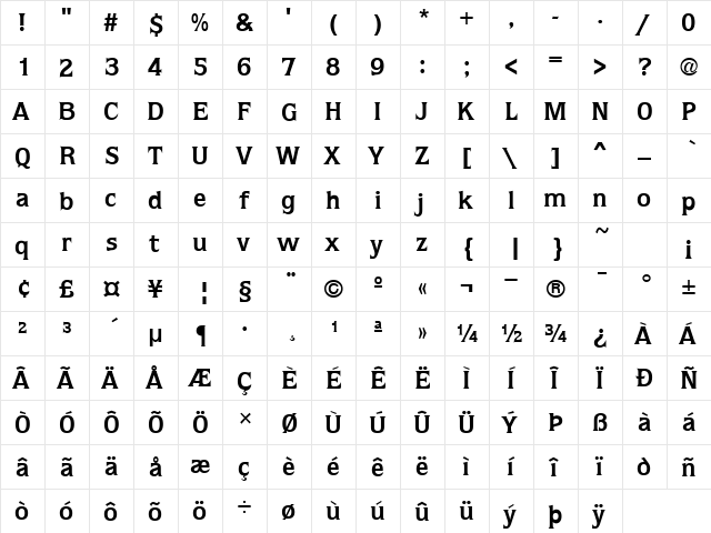 Proto Bold  glyph index