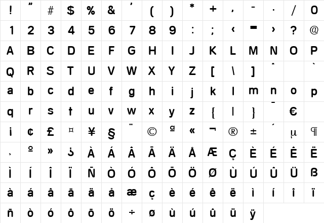 Mercedes-Medium Regular  glyph index