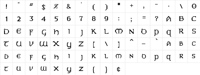 Eire Regular  glyph index
