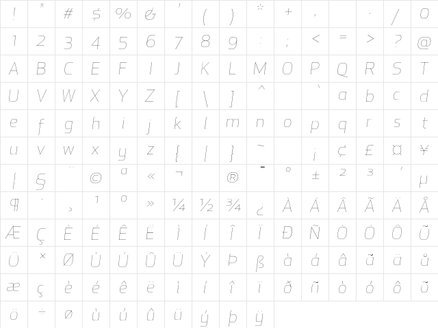 Apex New Thin Italic  glyph index