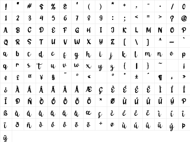 Bebast Regular  glyph index