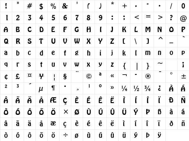 Hobo Regular  glyph index