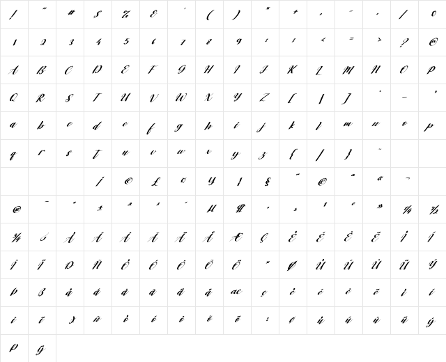 Bagstore Italic Regular  glyph index