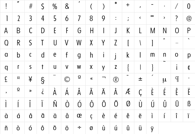 Florida-Light Regular  glyph index