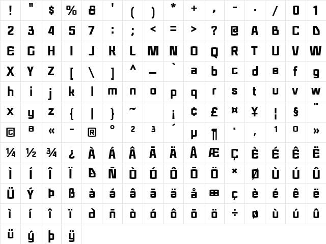 Regra Black Regular  glyph index