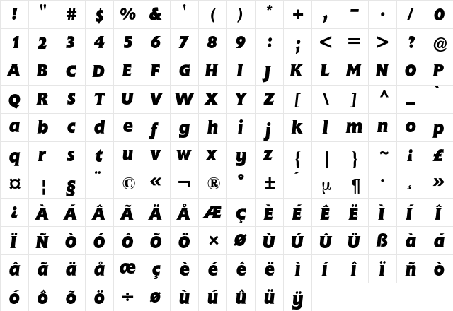Flange BQ Regular  glyph index