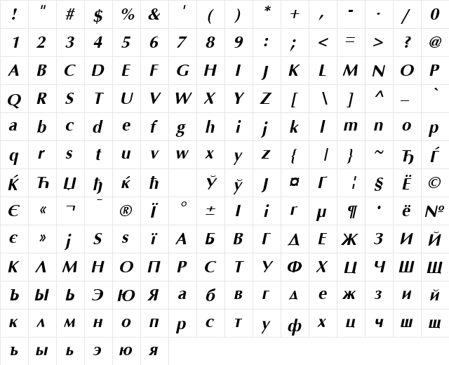 AGOpus BoldOblique  glyph index