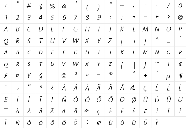The Sans Light- Regular  glyph index