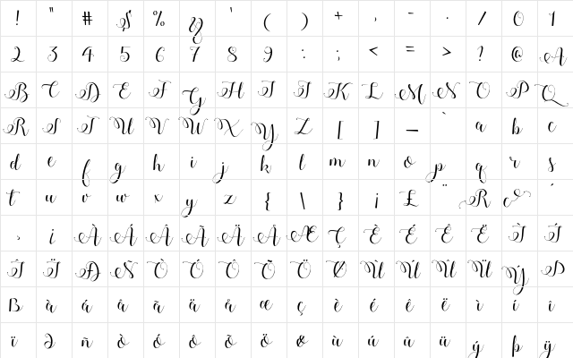 Adyana Regular  glyph index