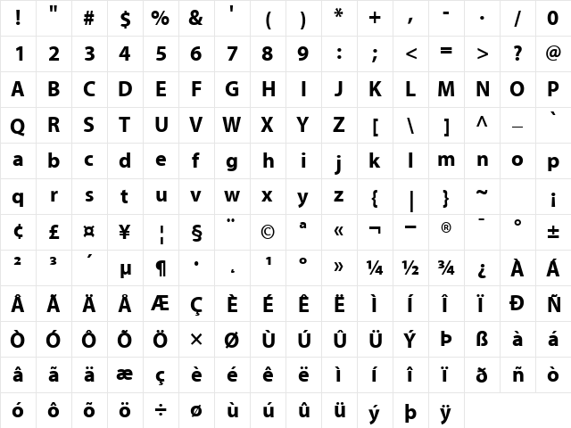 MyriadBold Normal  glyph index