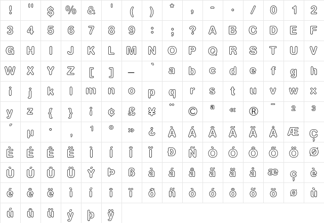 AG Book Rounded Bold Outline  glyph index