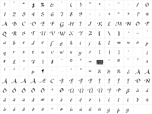 Speedball Regular  glyph index