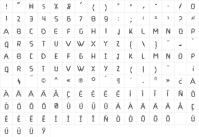 PencilFat Regular  glyph index