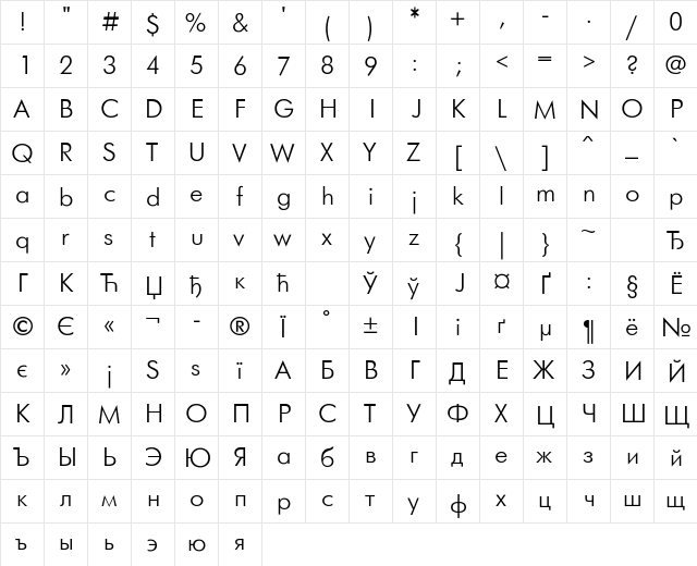 Futuris Regular  glyph index