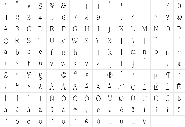 Clearface-Serial-ExtraLight Regular  glyph index