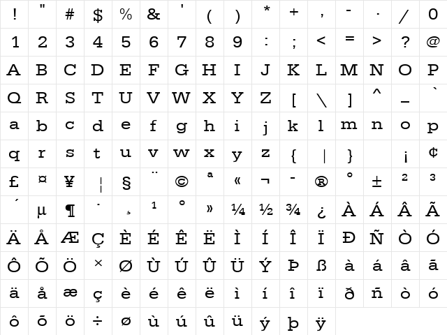 URWEgyptienneTExtWid Regular  glyph index