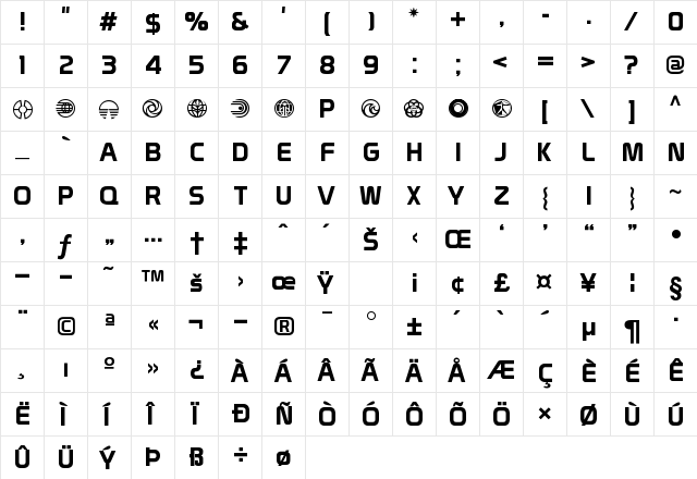 Prototype Pavilion Regular  glyph index