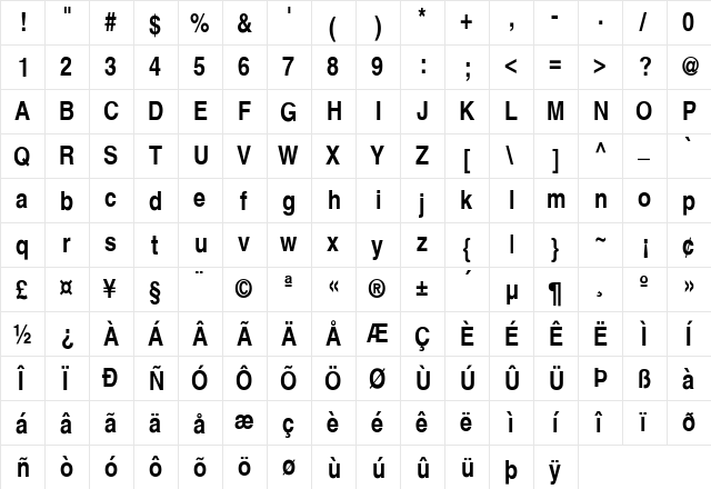 Helvetica-Narrow-Bold Regular  glyph index