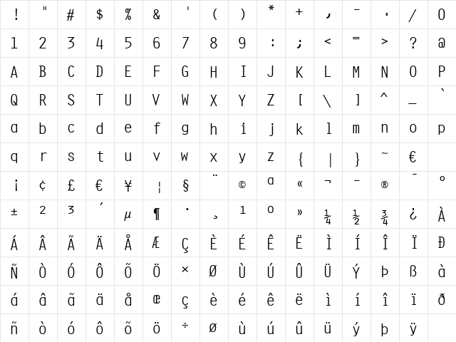 Orator15 BT Regular  glyph index