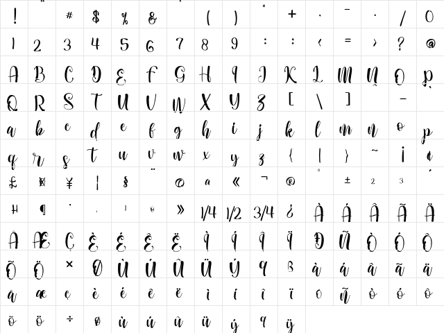 enchantee Regular  glyph index