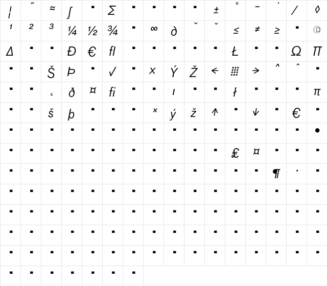 BauTF-RegularItalicExp Regular  glyph index