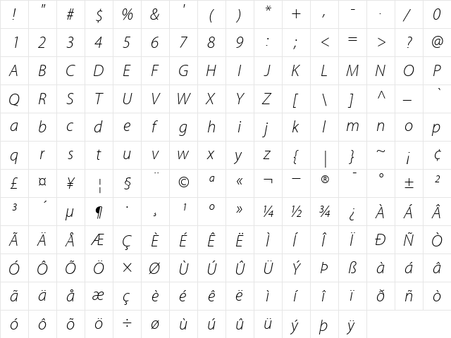 AdobeCorporateIDMyriad-Light LightItalic  glyph index