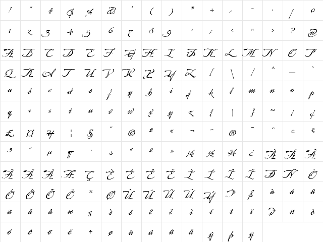 Arcana Manuscript Regular  glyph index