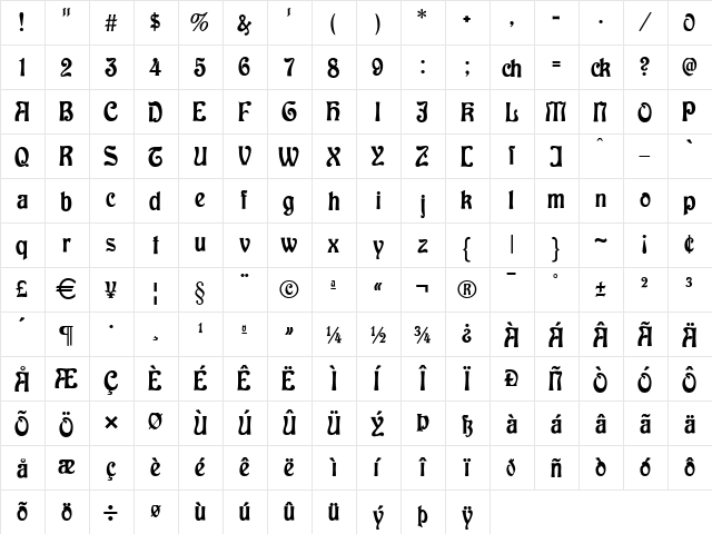 Baldur Regular  glyph index