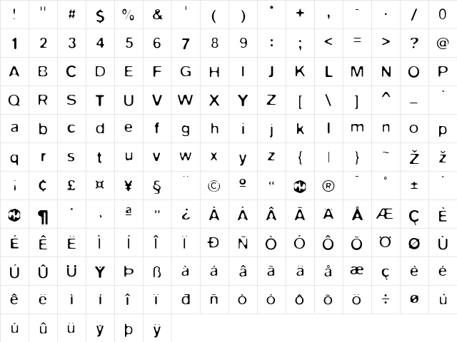 Blurvh1 Regular  glyph index