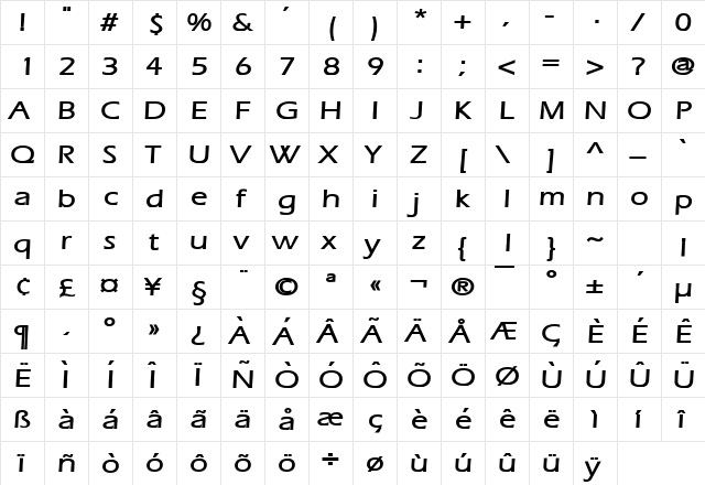 Eric Wide Bold  glyph index