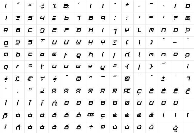 Doris OrangeItalic Regular  glyph index