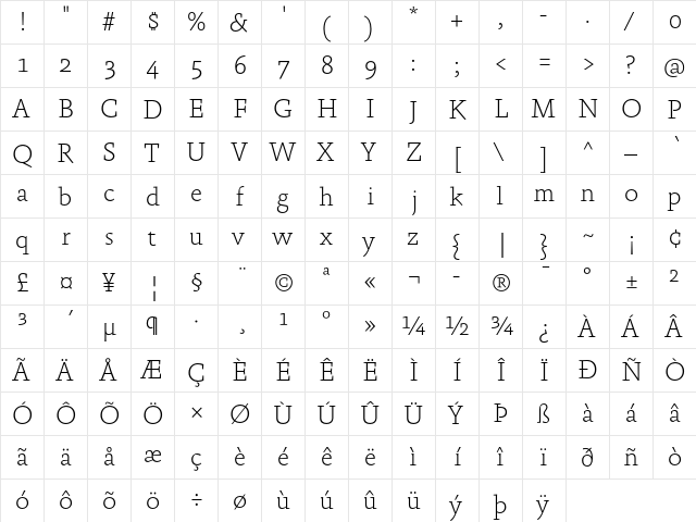Absara Thin  glyph index