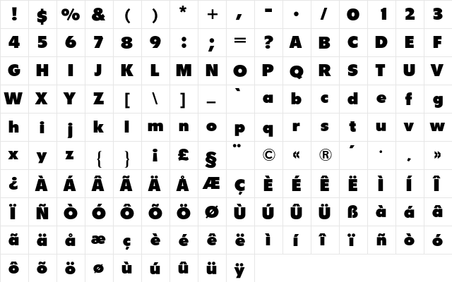 Flyer BQ Regular  glyph index