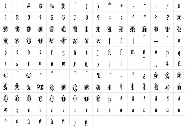 AnglicanText Regular  glyph index