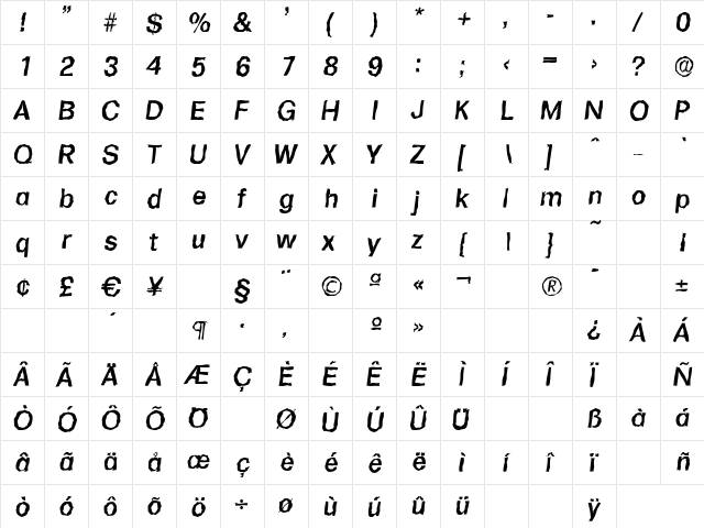 FormulaRandom-Medium Italic  glyph index