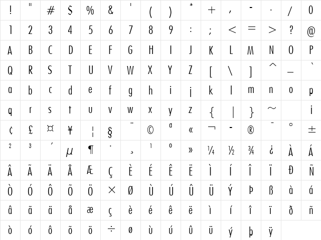 Futuri Condensed Light Regular  glyph index