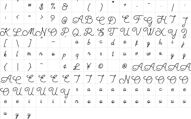 Aiushtya Free Regular  glyph index