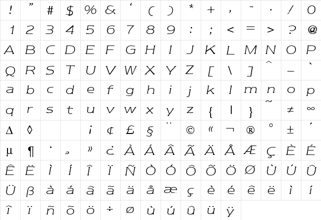 NebraskaLight RegularItalic  glyph index