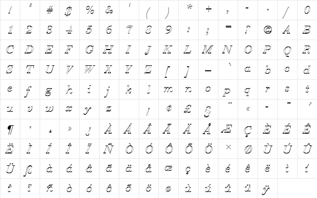 BauerBodDRegItaOu1 Regular  glyph index