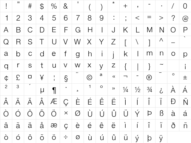 Helvetica Neue ET Std 45 Light  glyph index