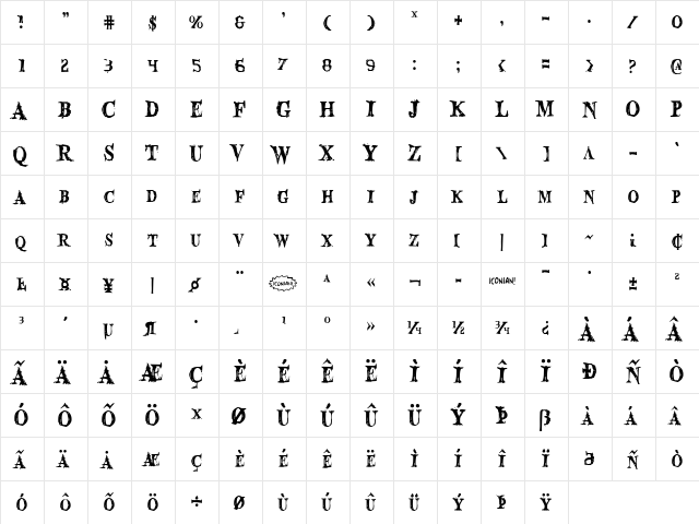 Blood Crow Condensed Condensed  glyph index
