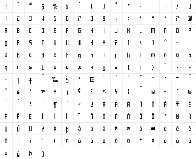SF Laundromatic Condensed Regular  glyph index