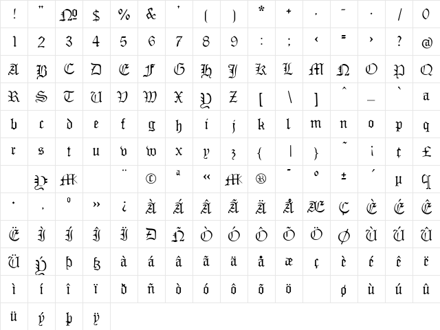 MonAmourFraktur Regular  glyph index