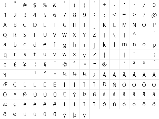 Dialog Light Regular  glyph index