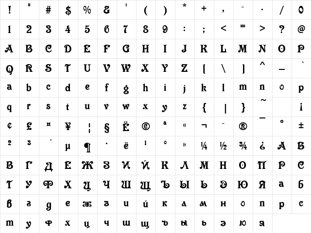 VictorianCyr Regular  glyph index