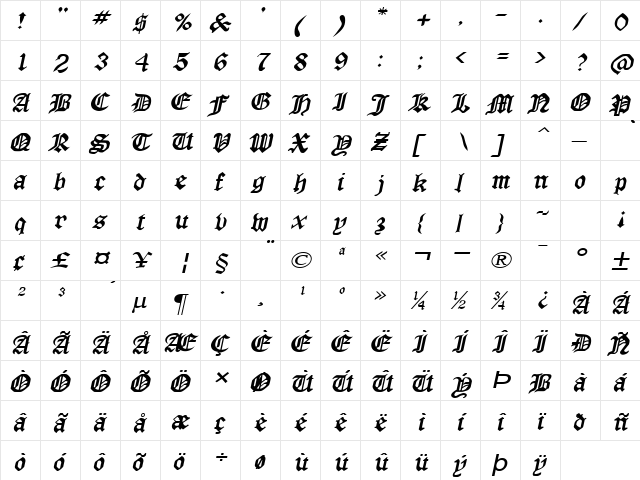 Manuscript-Extended Italic  glyph index