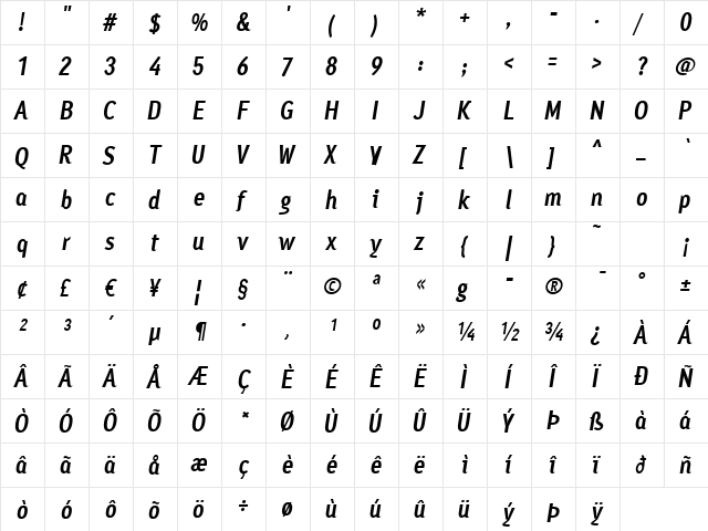 Ayumi Bold Italic  glyph index