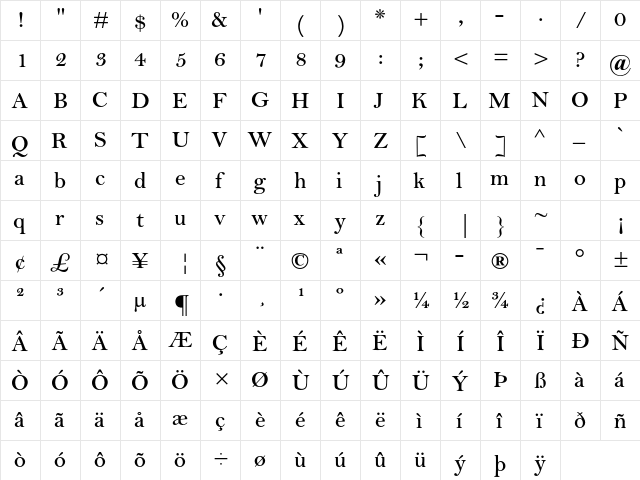 Bell MT Std Semibold  glyph index