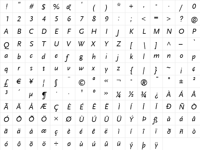 ScalaSansLF Italic  glyph index